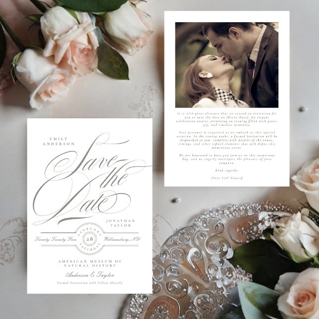 Formal Grey Green Calligraphy Black Tie Photo Save The Date (Creator Uploaded)