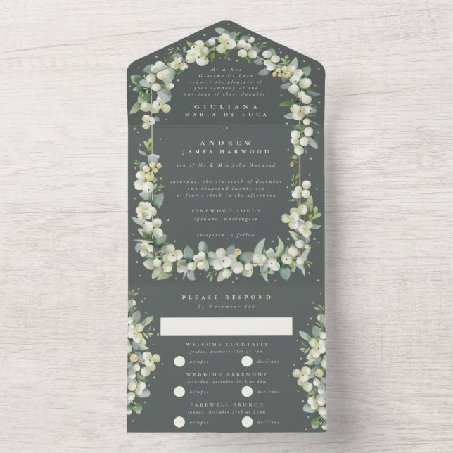 Formal Grey Green Snowberry+Eucalyptus Wedding All In One Invitation (Inside)