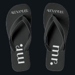 Formal Grooms Wedding Personalised Thongs<br><div class="desc">A cute addition to your beach or poolside wedding! Black flip flops with the word "Mr." and the grooms name are personalised. To see matching brides flip flops- Please visit my store "The Hungarican Princess" at www.zazzle.com/hungaricanprincess*. Look in my "Flip Flops" department category. Congratulations!</div>