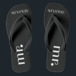 Formal Grooms Wedding Personalised Thongs<br><div class="desc">A cute addition to your beach or poolside wedding! Black flip flops with the word "Mr." and the grooms name are personalised. To see matching brides flip flops- Please visit my store "The Hungarican Princess" at www.zazzle.com/hungaricanprincess*. Look in my "Flip Flops" department category. Congratulations!</div>