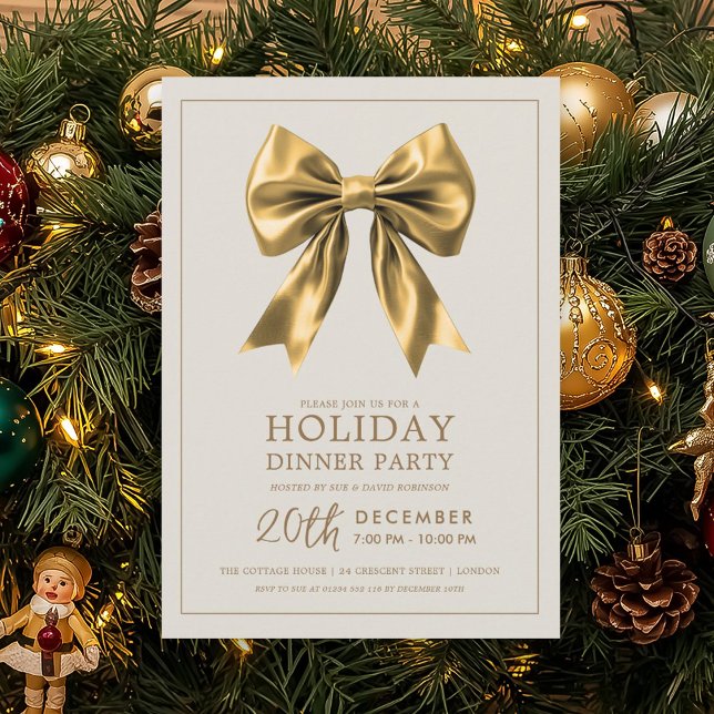 Formal Holiday Dinner Party Gold Satin Bow Invitation (Formal Holiday Dinner Party Gold Satin Bow Invitation)