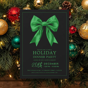 Formal Holiday Dinner Party Green Satin Bow Black Invitation