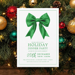 Formal Holiday Dinner Party Green Satin Bow Invitation