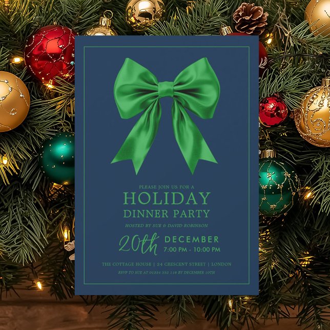 Formal Holiday Dinner Party Green Satin Bow Navy  Invitation (Formal Holiday Dinner Party Green Satin Bow Navy Invitation)