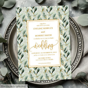 Formal Hunter Green Gold Foliage Wedding Invite