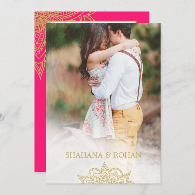 Formal Indian Style Photo Pink Gold Chic Wedding  Invitation (Front/Back)