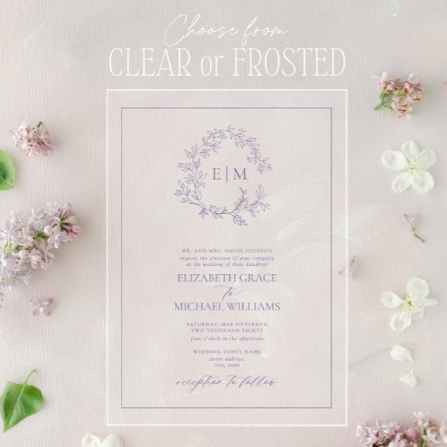 Formal Lavender Leafy Crest Monogram Wedding Acrylic Invitations (Creator Uploaded)