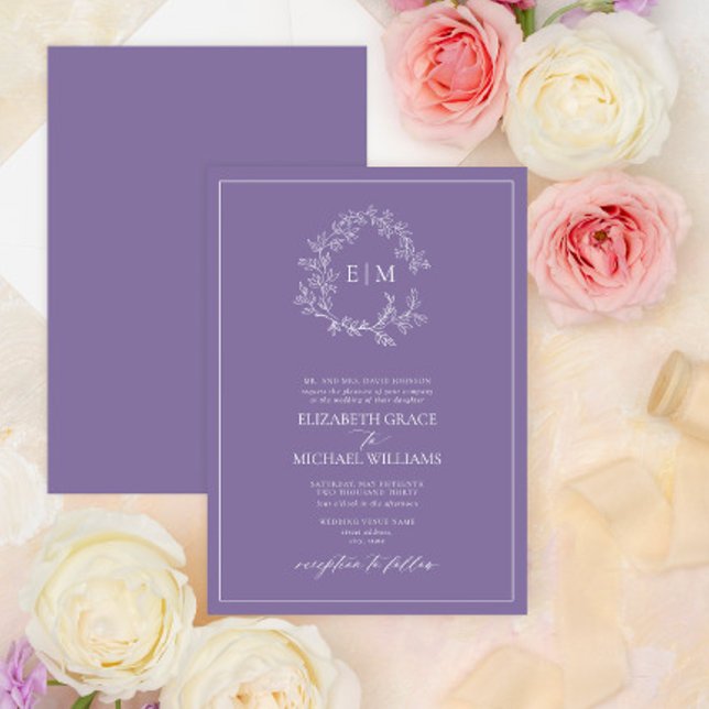 Formal Lavender Leafy Crest Monogram Wedding Invitation (Creator Uploaded)
