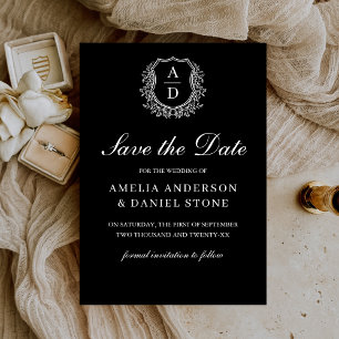 Formal Leafy Crest Monogram Black White Wedding Save The Date