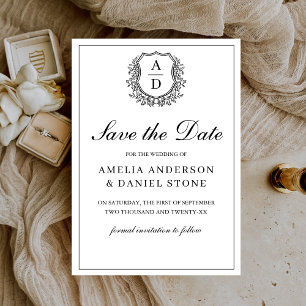 Formal Leafy Crest Monogram Black White Wedding  Save The Date