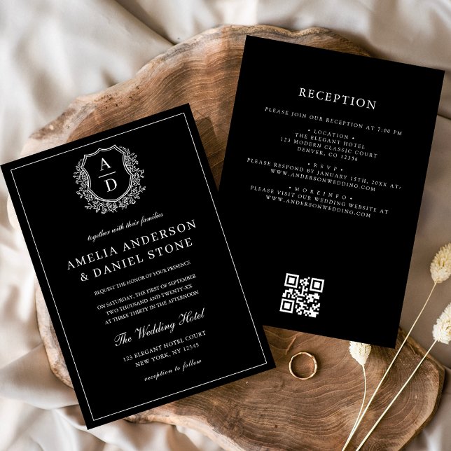 Formal Leafy Crest Monogram Wedding QR Code Invitation (Creator Uploaded)