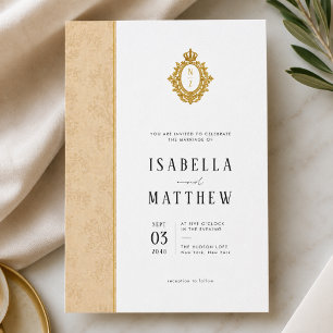 Formal Leafy Gold Crest Monogram Wedding Invitation