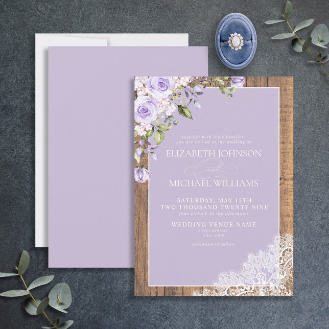 Formal Lilac Lavender Rustic Wood Lace Wedding Invitation (Creator Uploaded)