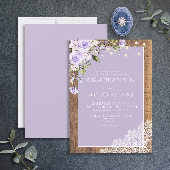 Formal Lilac Lavender Rustic Wood Lace Wedding Invitation (Creator Uploaded)