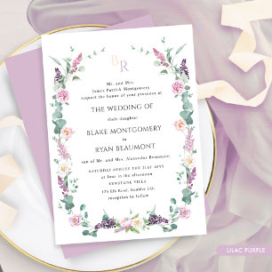Formal Lilac Purple Pastel Floral Monogram Wedding Invitation