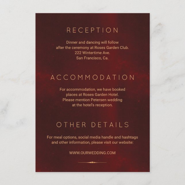 Formal luxury burgundy gold wedding guests details enclosure card (Front)