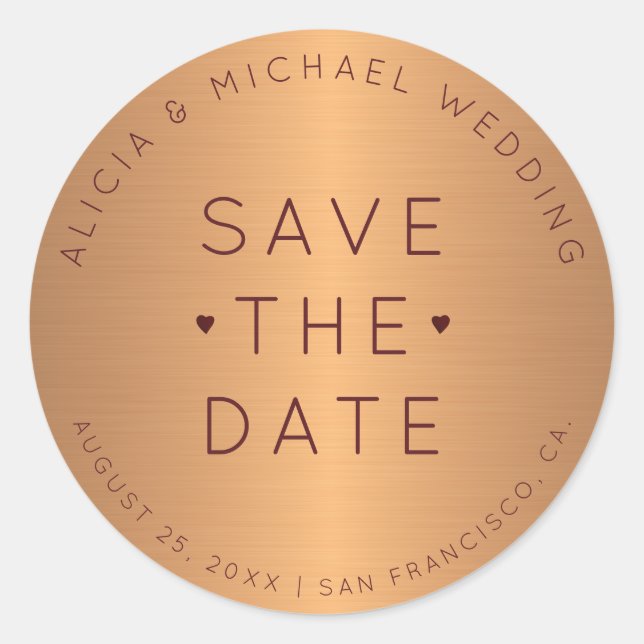 Formal luxury gold burgundy wedding save the date classic round sticker (Front)