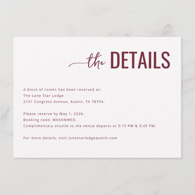 Formal Maroon Typographic Details Enclosure Card (Front)