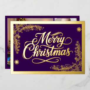 Formal Merry Christmas purple and 6 photos Gold Foil Holiday Card