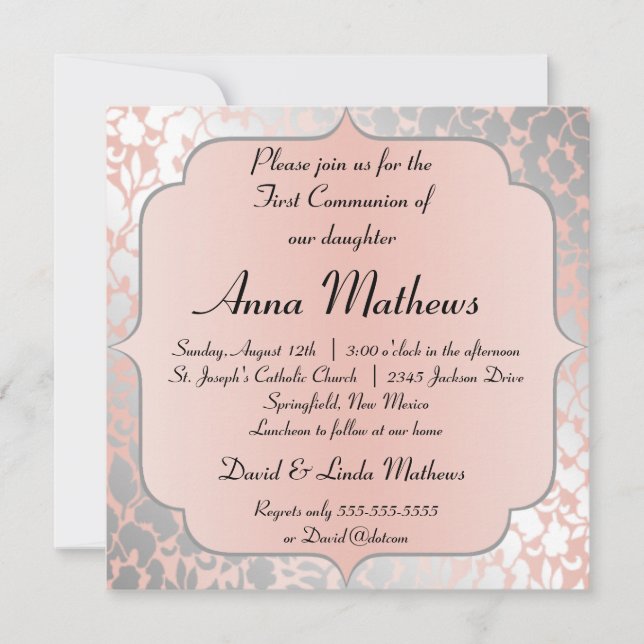 Formal Metallic Peach Floral First Communion Invitation (Front)