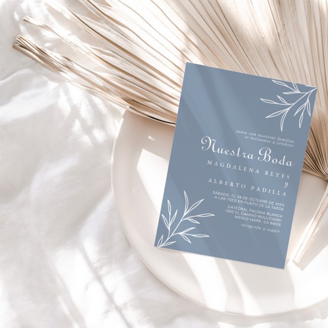 Formal Minimal Dusty Blue Nuestra Boda Wedding Invitation (Creator Uploaded)