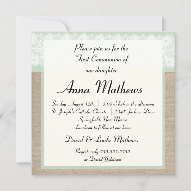 Formal Mint Burlap First Communion Invitation (Front)