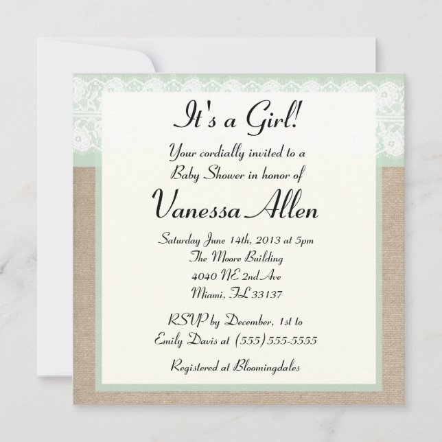 Formal Mint Burlap Lace Baby Shower Invitation (Front)