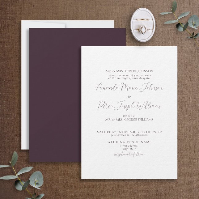 Formal Modern Calligraphy Plum Purple Wedding Invitation (Creator Uploaded)