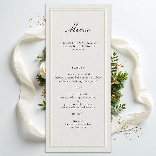 Formal Modern Classic Elevated Frame Ecru Wedding Menu (formal classic wedding menu double frame calligraphy traditional modern calligraphy ecru)