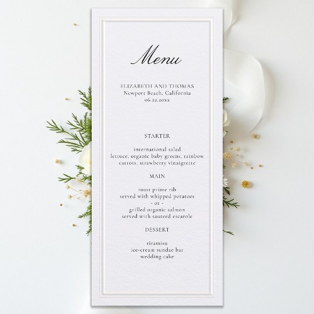 Formal Modern Classic Elevated Frame Pearl Wedding Menu (formal wedding menu elegant modern classic traditional black tie ballroom countryclub pearl white)