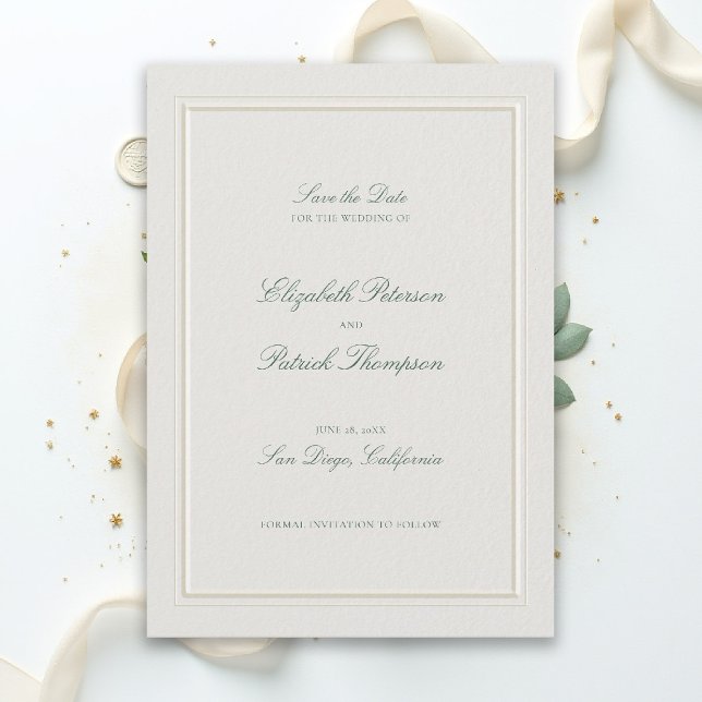 Formal Modern Classic Elevated Green Ecru Wedding Save The Date (modern classic wedding save the date forest green type double frame ecru formal traditional stately)