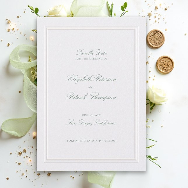 Formal Modern Classic Elevated Sage Pearl Wedding Save The Date (modern classic wedding save the date sage green type double frame formal traditional stately pearl)