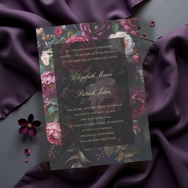 Formal Modern Classic Moody Romantic Dark Wedding Invitation (burgundy wedding invitation moody dark painterly frame parents host elegant modern classic romantic)