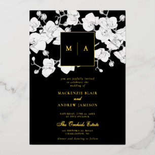 Formal Modern Orchid Wreath Monogram Black Wedding