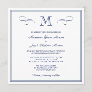 Formal Monogram   Dark Blue Wedding Invitation