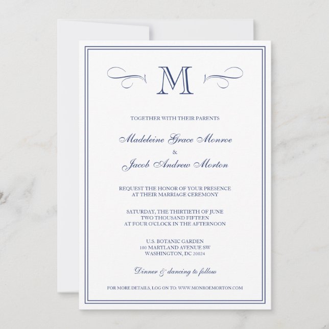 Formal Monogram | Dark Blue Wedding Invitation (Front)
