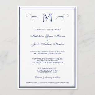 Formal Monogram Dark Blue Wedding Invitation
