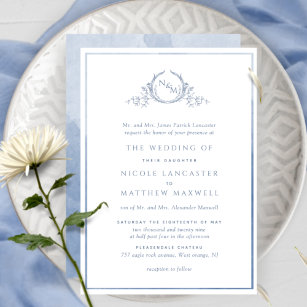 Formal Monogram Dusty Blue Watercolor Wedding Invitation