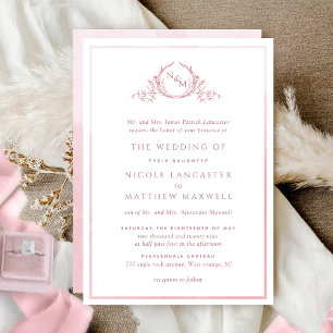 Formal Monogram Dusty Rose Watercolor Wedding Invitation