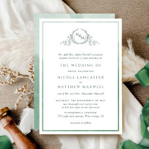 Formal Monogram Green Watercolor Wedding Invitation