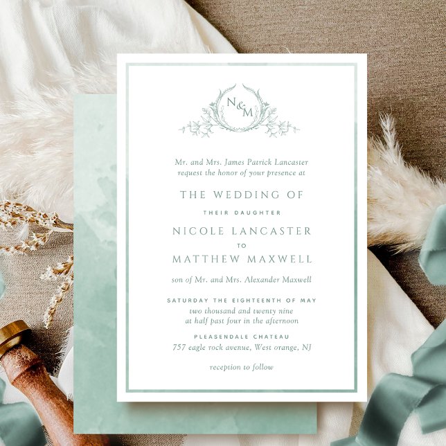 Formal Monogram Pale Green Watercolor Wedding Invitation (Creator Uploaded)