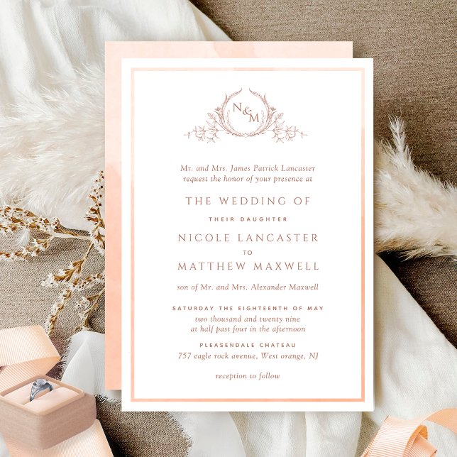 Formal Monogram Peach Watercolor Wedding Invitation (Creator Uploaded)