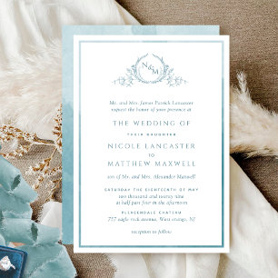Formal Monogram Sage Sea Glass Watercolor Wedding Invitation