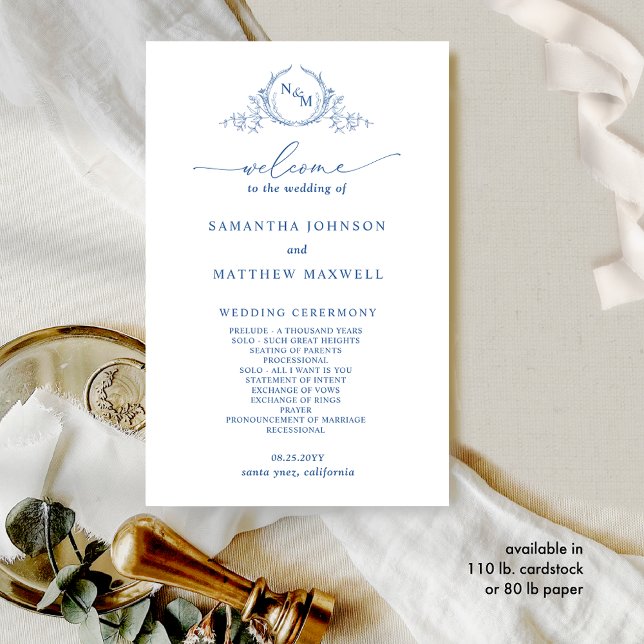 Formal Monogrammed Blue Wedding Program (Creator Uploaded)