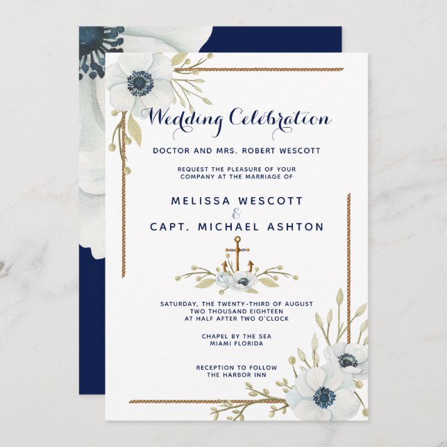 Formal Nautical Navy & White Anemone Wedding Invitation (Front/Back)