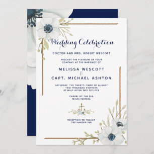 Formal Nautical Navy & White Anemone Wedding Invitation