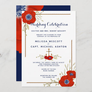Formal Nautical Red White & Blue Anemone Wedding Invitation