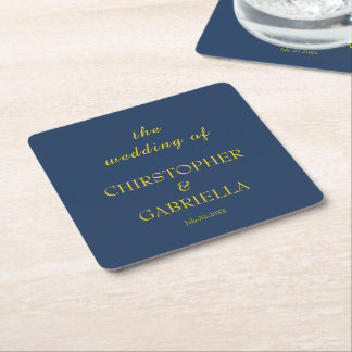 Formal Navy and Gold Simple Wedding Square Paper Coaster