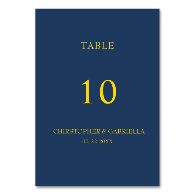 Formal Navy and Gold Simple Wedding Table Number (Front)