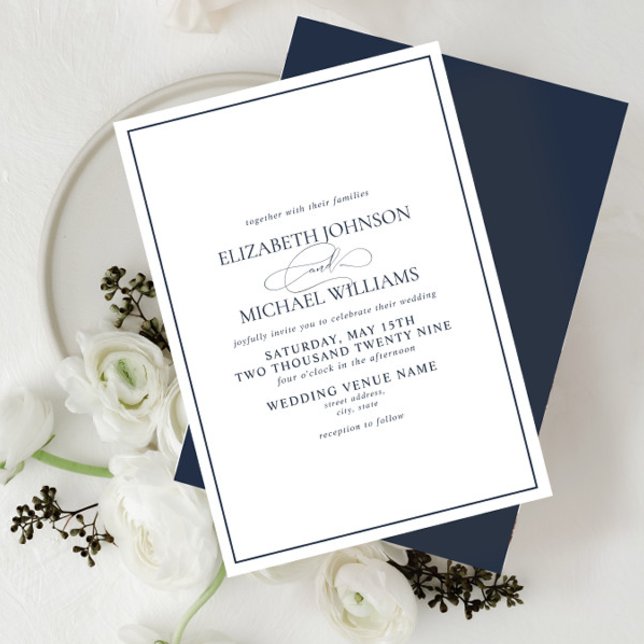 Formal Navy Blue Classic Script Wedding Invitation (Creator Uploaded)